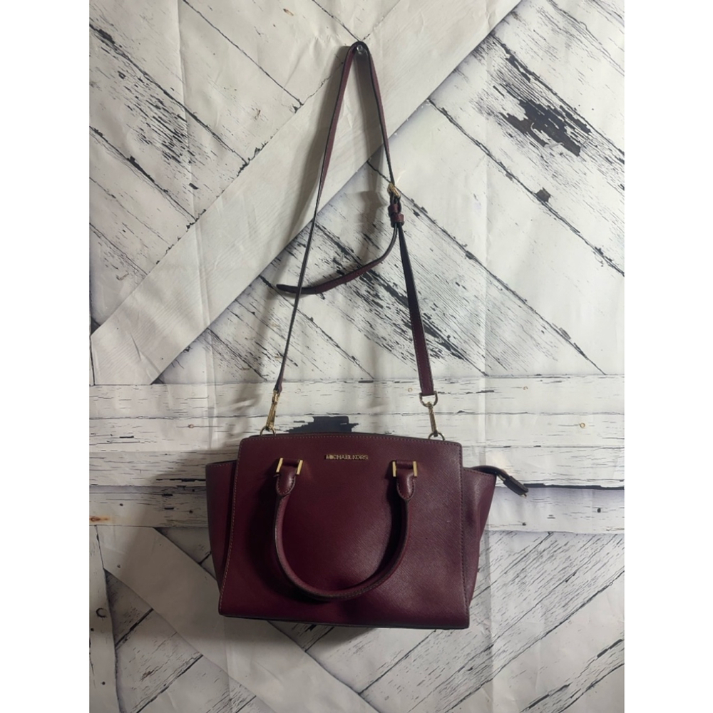 Michael Kors Selma Medium Top Zip Satchel Purse Burgundy Handbag